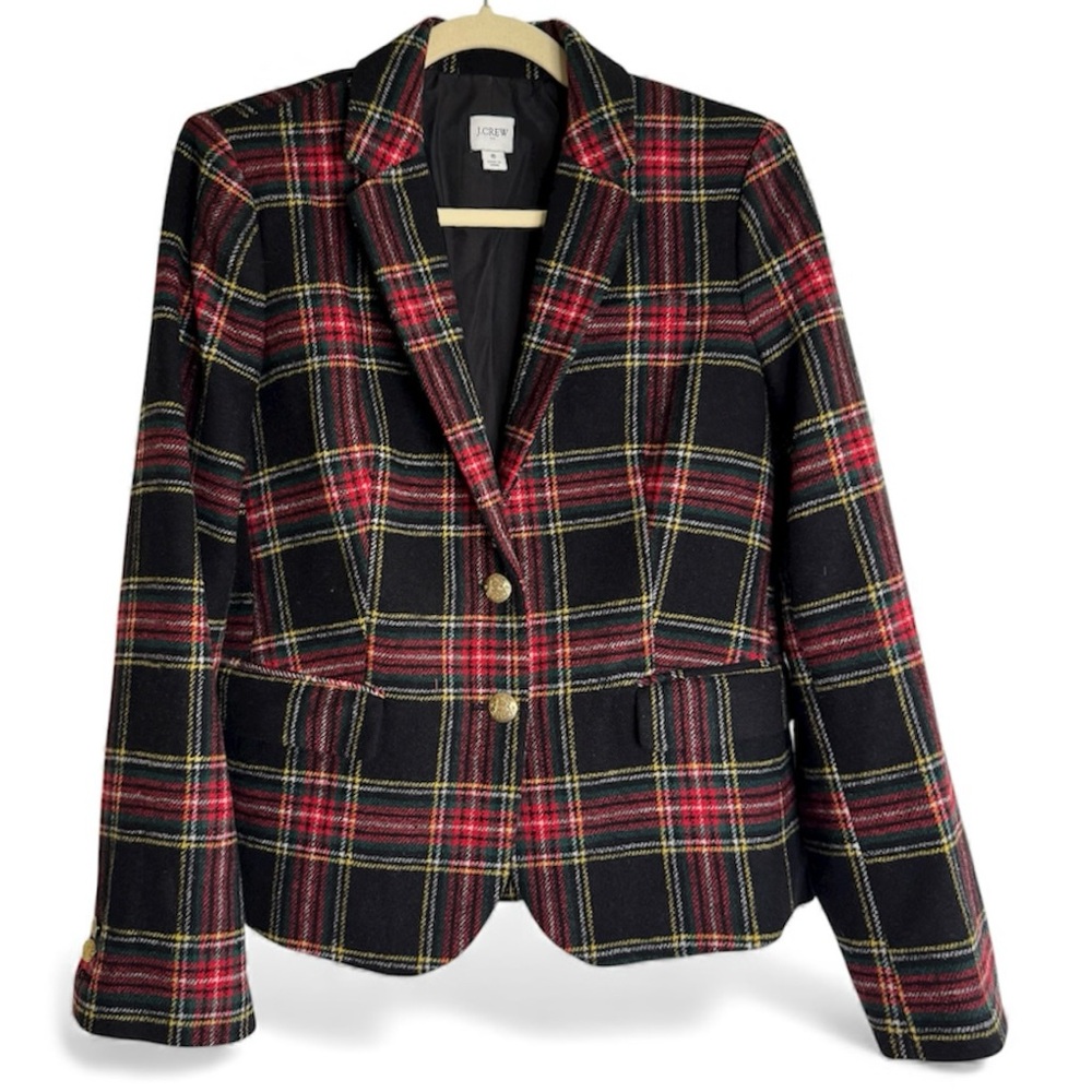 J.Crew Stewart Tartan Plaid Wool-Blend Schoolboy Blazer Jacket Black Red Size 8